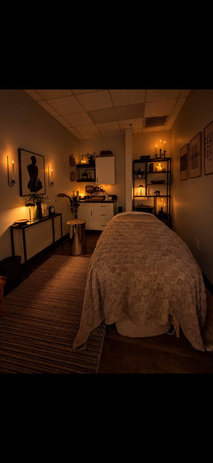 An actual cozy private treatment suite with warm lamps, neutral furnishings and a treatment bed